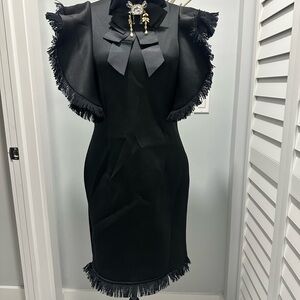 Black Fringe Sleeve Bow-Accent Sheath Dress